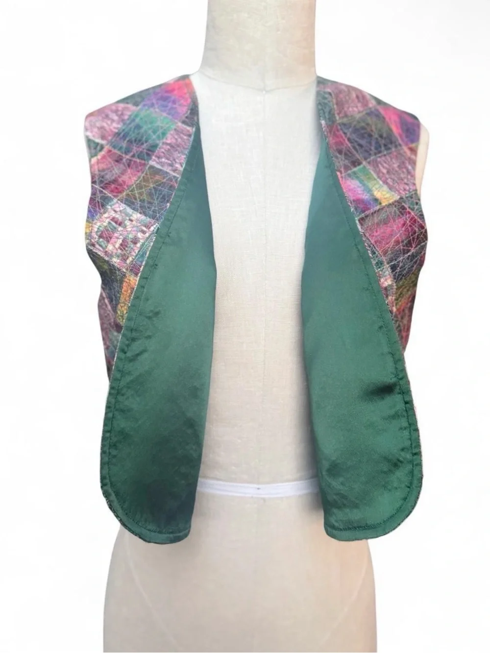 Patchwork Colorful Vest Pink Purple Teal painterly back reversible - green satin